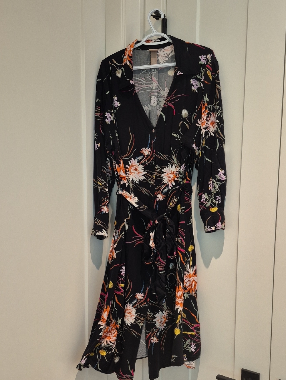H&M Black Floral Wrap Midi Dress with Orange, White & Pink Blooms